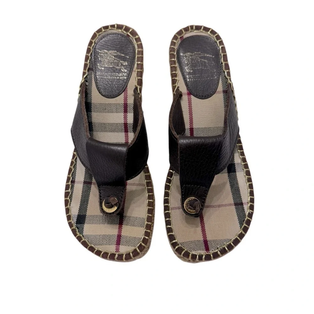 Burberry Nova Check‎ Brown Leather Espadrille Wedge Slides Sandals